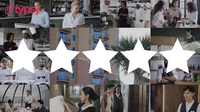 Five white stars appear on top of a collage of people working in the hospitality industry.