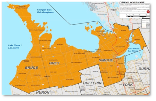 Image is of a map of Regional Tourism Organization 7, showing the locations of Bruce, Grey and Simcoe Counties. Land is orange, surrounded by blue water of Lake Huron, Georgian Bay and Lake Simcoe.