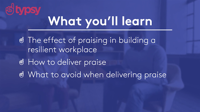 Typys logo in red in upper left hand corner, list of what you'll learn in white font on blue background for Fostering a Resilient Workplace.