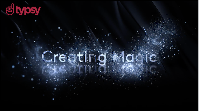 Sparkly white font and graphic on black background for creating magic Typsy course. Typsy logo in red on black background.