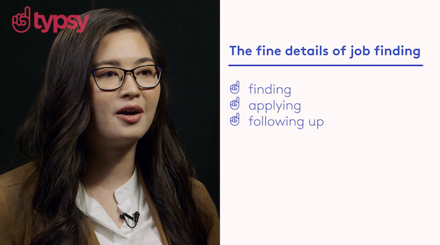 Image of young woman speaking against a black background with list of job finding tips in blue font on white background. Typsy logo is red font on dark background.